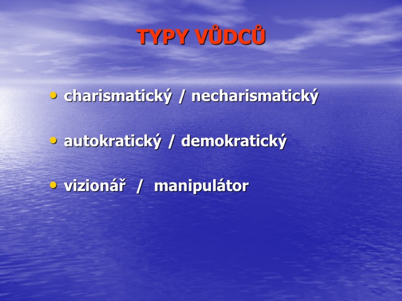 TYPY VŮDCŮ charismatický / necharismatický  autokratický / demokratický  vizionář  / 